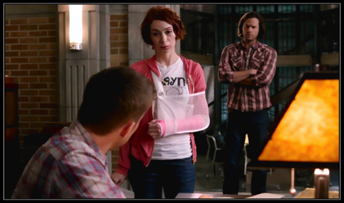 At the Men of Letters Bunker, Charlie Bradbury (Felicia Day) forgives Dean Winchester (Jensen Ackles)