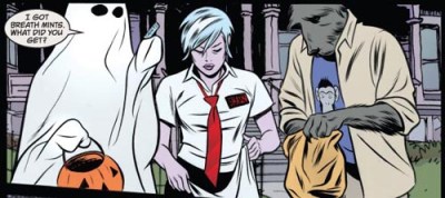 Monsters dressed up as themselves for Halloween—meta-monsters! Ellie, Gwen and Spot, iZOMBIE (Boberson/Allred).