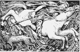 Odin leads the Wild Hunt astride his eight legged steed Sleipnir
